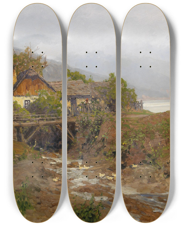 Triptych art skateboard deck of Heinrich Tomec Blick Bei Weienkirchen Ber Die Donau by Heinrich Tomec (1863-1928)