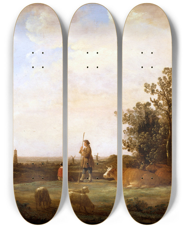 Triptych art skateboard deck of Aelbert Cuyp View On A Plain by Aelbert Cuyp (1620-1691)