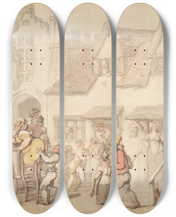 Triptych art skateboard deck of Thomas Rowlandson Figures Outside A Coaching Inn by Thomas Rowlandson (1756-1827)
