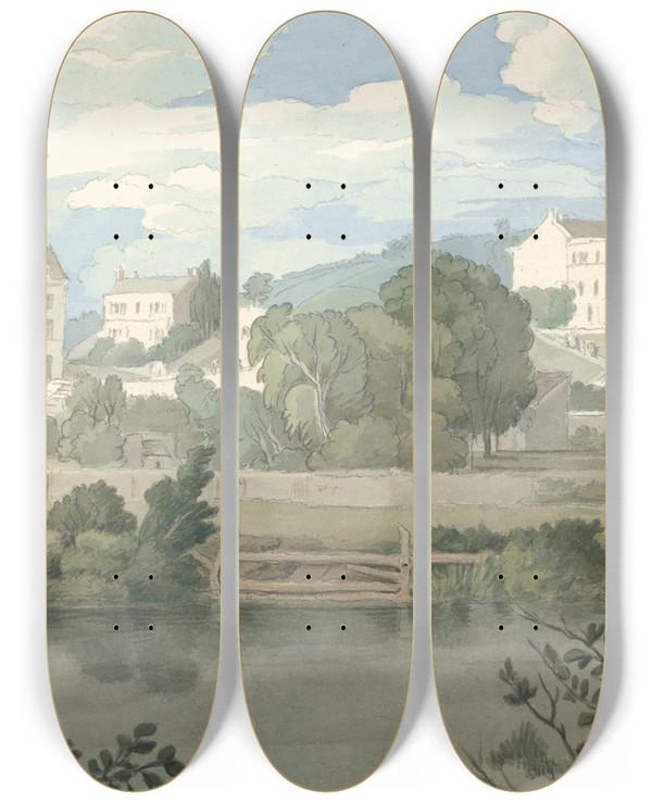 Triptych art skateboard deck of Francis Towne Houses Near Plymouth by Francis Towne (1739-1816)