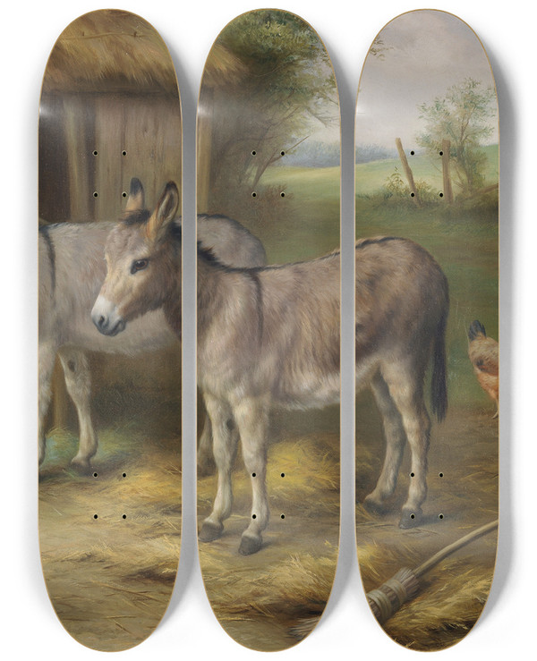 Triptych art skateboard deck of Edgar Hunt Donkeys And Chickens In A Farmyard by Edgar Hunt (1876-1953)
