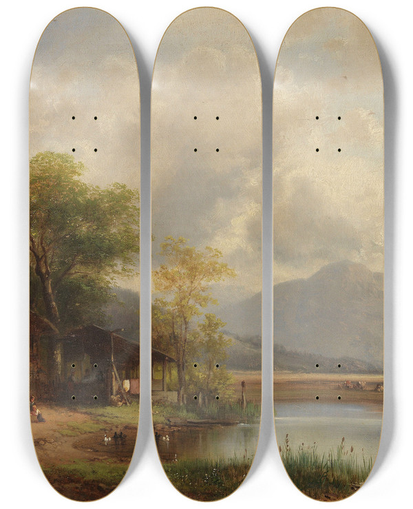 Triptych art skateboard deck of Anton Doll Oberbayerische Landschaft Mit Waschhaus Am See by Anton Doll (1826-1887)