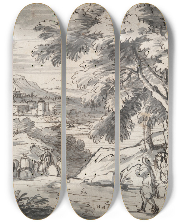 Triptych art skateboard deck of Circle Of Adam Van Der Meulen Landscape With Travelers And City In Thedistance by Circle of Adam van der Meulen, (1632-1690)