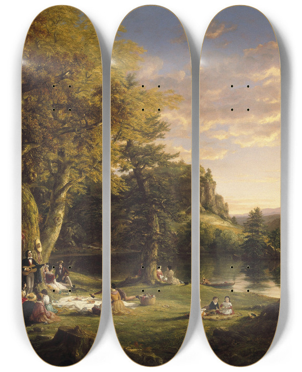 Triptych art skateboard deck of Thomas Cole The Picnic by Thomas Cole (1801-1848)