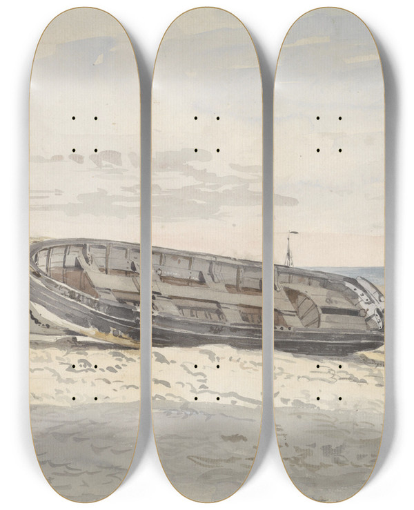 Triptych art skateboard deck of Willem Anthonie Van Deventer Schuiten Op Het Strand by Willem Anthonie Van Deventer (1824-1893)