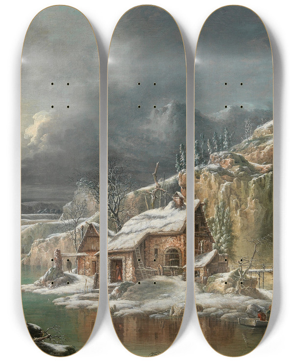 Triptych art skateboard deck of Francesco Foschi A Winter Landscape With Travellers By A River by Francesco Foschi (1710-1780)