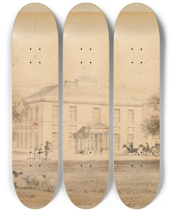 Triptych art skateboard deck of John Preston Neale Gaunts House Wimborne by John Preston Neale
