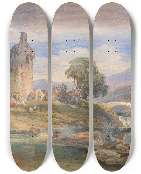 Triptych art skateboard deck of Richard Principle Leitch Landscape With Ruined Castle On The Esk by Richard Principle Leitch