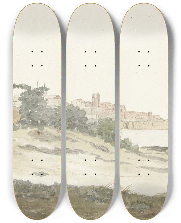Triptych art skateboard deck of Abrahamlouisrodolphe Ducros Gezicht Op Barletta Gelegen Aan De Kust by Abraham-Louis-Rodolphe Ducros (1748-1810)