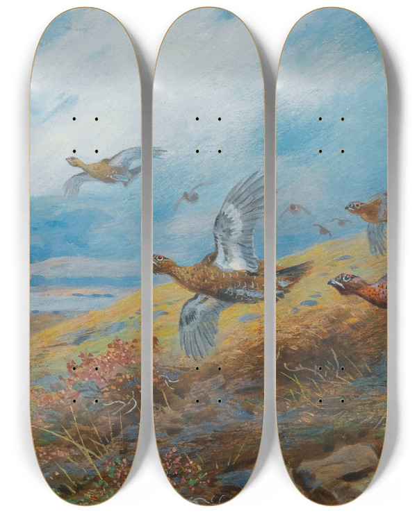 Triptych art skateboard deck of Archibald Thorburn Driven Grouse by Archibald Thorburn (1860-1935)