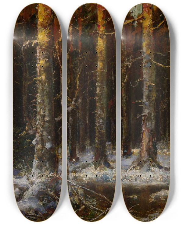 Triptych art skateboard deck of Julius Sergius Klever Forest In Winter by Julius Sergius Klever (1850-1924)