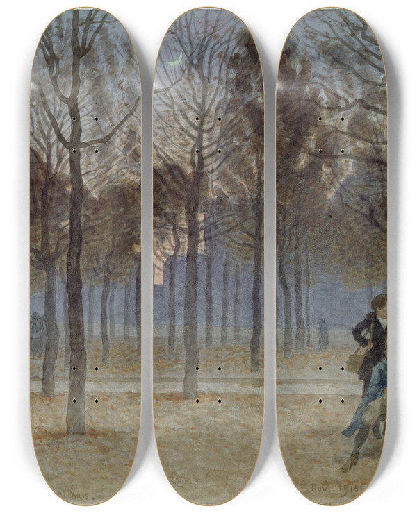 Triptych art skateboard deck of Flix Brard La Place Des Ecoles La Place Du March Et Lavenue Du Maine by Felix Brard (19-20-)