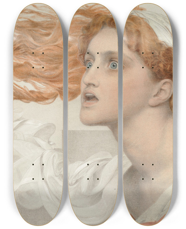 Triptych art skateboard deck of Frederick Sandys Cassandra by Frederick Sandys (1829-1904)