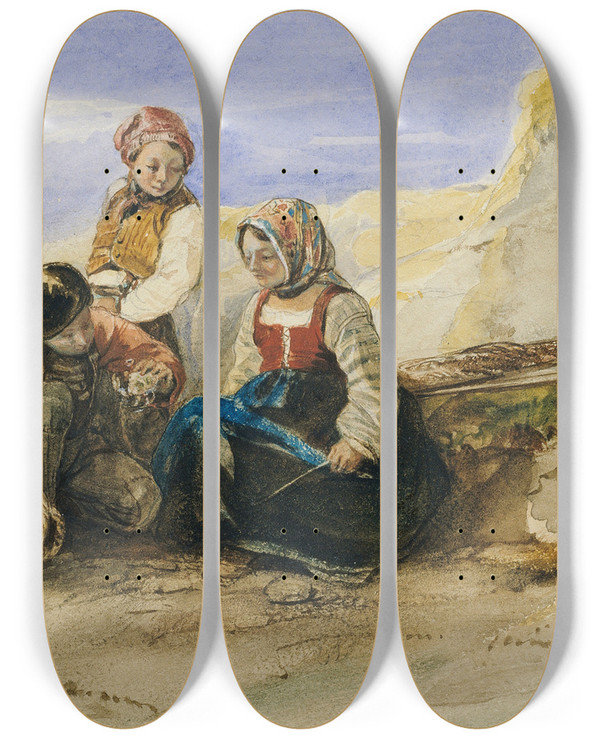 Triptych art skateboard deck of Camillejosephetienne Roqueplan The Fishermans Children by Camille-Joseph-Etienne Roqueplan (1803-1855)