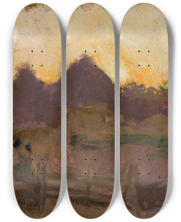 Triptych art skateboard deck of Tadeusz Makowski Landscape With Haystacks by Tadeusz Makowski (1882-1932)