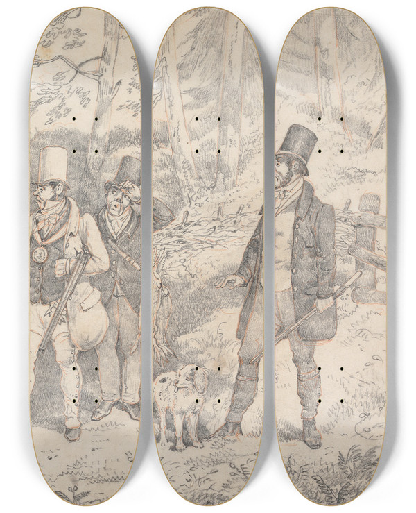 Triptych art skateboard deck of Henry Thomas Alken Sporting Anecodotes Drawing For The Softgound Etching Of The Sporting Butcher by Henry Thomas Alken (1785-1851)