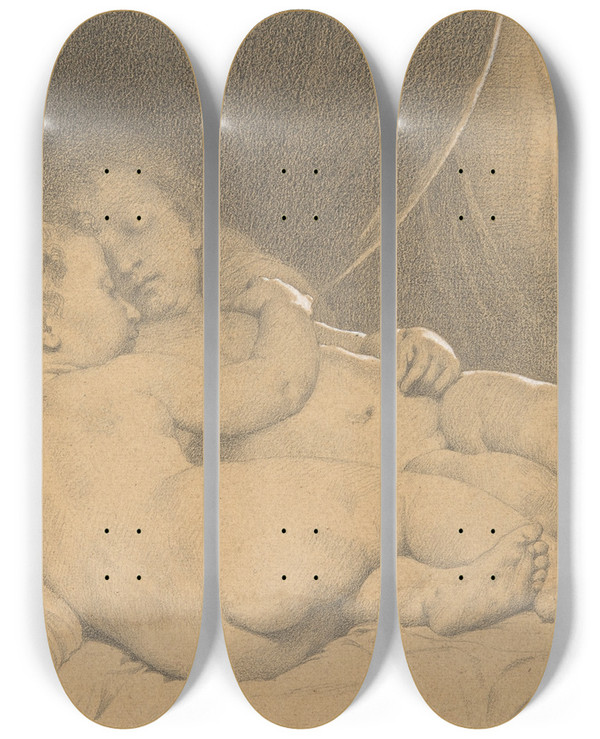 Triptych art skateboard deck of William Bouguereau Two Sleeping Children by William Bouguereau (1825-1905)