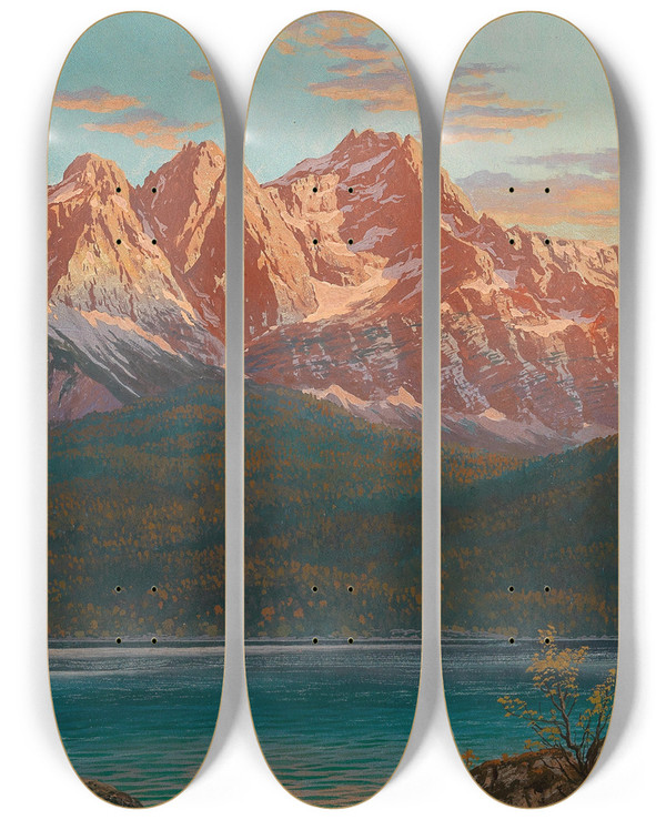 Triptych art skateboard deck of Rudolf Reschreiter Fhnabend Eibsee Mit Zugspitze by Rudolf Reschreiter (1868-1939)