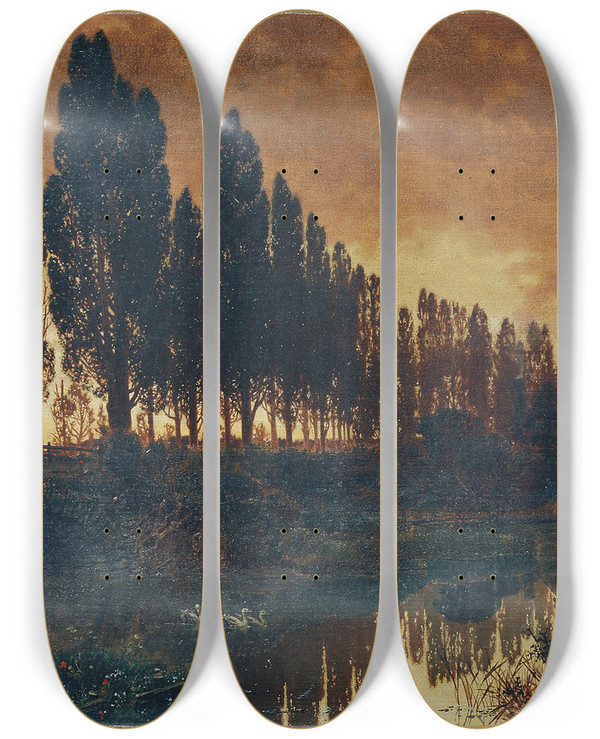 Triptych art skateboard deck of Ferdinand Knab Bayrische Landschaft by Ferdinand Knab (1834-1902)