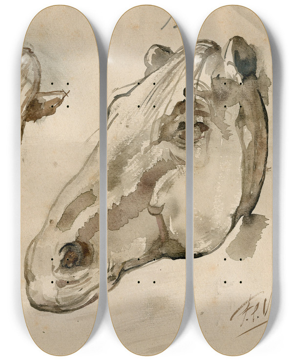 Triptych art skateboard deck of Floris Verster Head Of Two Horses by Floris Verster (1861-1927)