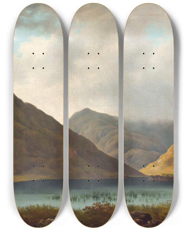 Triptych art skateboard deck of James Arthur Oconnor A View Of Fin Lough And Delphi Lodge by James Arthur Oconnor (1792-1841)