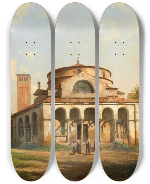 Triptych art skateboard deck of Giuseppe Canella The Basilica Of Torcello And Santa Fosca Torcello Venice by Giuseppe Canella (1788-1847)