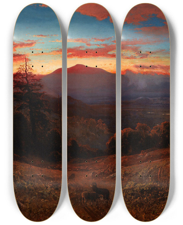 Triptych art skateboard deck of William Keith Sunset On Mount Diablo Marin Sunset by William Keith (1838-1911)