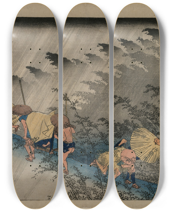 Triptych art skateboard deck of And Hiroshige Driving Rain At Shono Station 46 From The Series Fiftythree Stations Of The Tokaido by Ando Hiroshige (1797-1858)