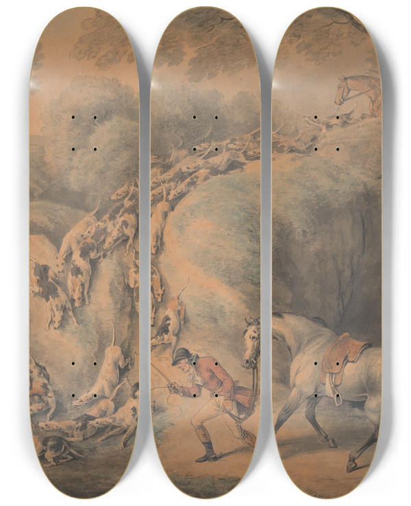 Triptych art skateboard deck of Samuel Howitt The Kill_2 by Samuel Howitt (1756-1822)