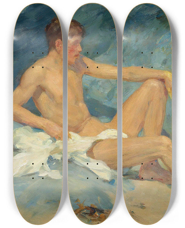 Triptych art skateboard deck of Henry Scott Tuke A Male Nude Reclining On Rocks by Henry Scott Tuke (1858-1929)