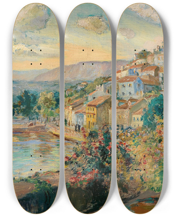 Triptych art skateboard deck of Menci Clement Crni A View Of Novi Vinodolski_1 by Menci Clement Crncic (1865-1930)
