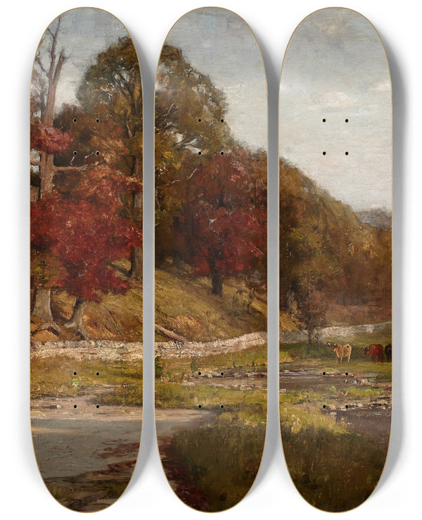 Triptych art skateboard deck of Theodore Clement Steele Oaks Of Vernon by Theodore Clement Steele (1847-1926)