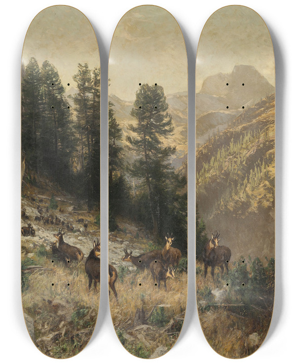 Triptych art skateboard deck of Julius Arthur Thiele Herbst Im Hochgebirge by Julius Arthur Thiele (1841-1919)