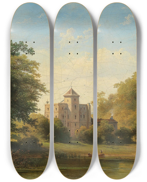Triptych art skateboard deck of Joseph Holzer A Castle By A Lake by Joseph Holzer (1824-1876)