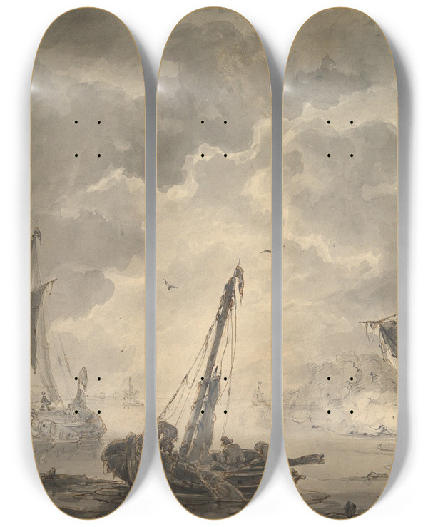 Triptych art skateboard deck of Johannes Christiaan Schotel Marine The Cannon Shot by Johannes Christiaan Schotel (1787-1838)