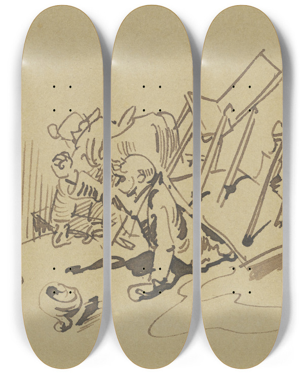 Triptych art skateboard deck of Wilhelm Busch Er Eilt Hinaus Mit Schnellem Schritt Und Topf Und Butter Eilen Mit by Wilhelm Busch (1832-1908)