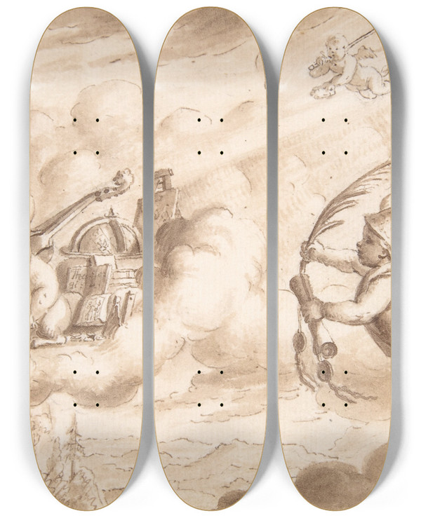 Triptych art skateboard deck of Mathais Fssli The Youngest Allegory Of Art And Knowledge With The Coatofarms Of Hans Wilpert Zoller by Mathais Fssli the Youngest (1671-1739)