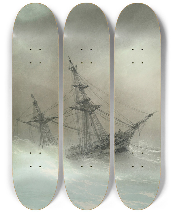 Triptych art skateboard deck of Ivan Konstantinovich Aivazovsky Ship In A Stormy Sea by Ivan Konstantinovich Aivazovsky (1817-1900)