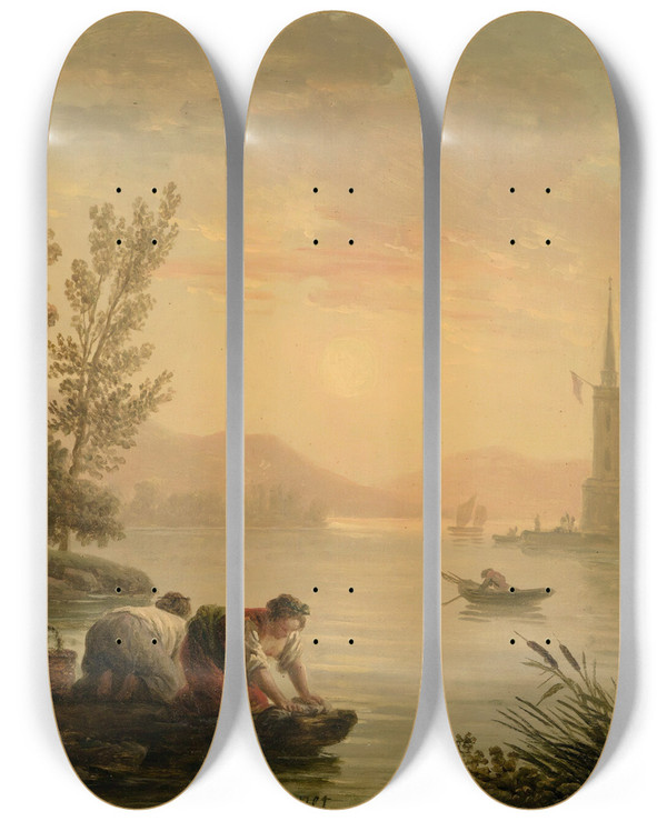 Triptych art skateboard deck of Claudejoseph Vernet Washerwomen Near By A Lake by Claude Joseph Vernet (1714-1789)