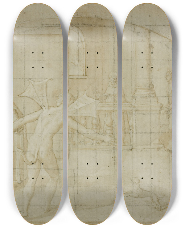 Triptych art skateboard deck of Bernardino Poccetti Design For A Lunette Devils And Saint In A Monastery by Bernardino Poccetti (1548-1612)
