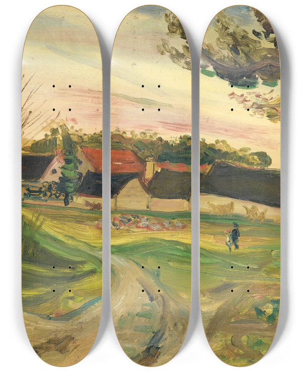 Triptych art skateboard deck of Abraham Mintchine Promeneurs Devantune Ferme by Abraham Mintchine (1898-1931)