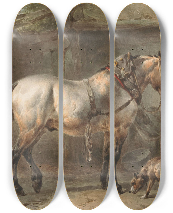 Triptych art skateboard deck of Wouterus Verschuur Paard En Hond In Een Stal by Wouterus Verschuur (1812-1874)