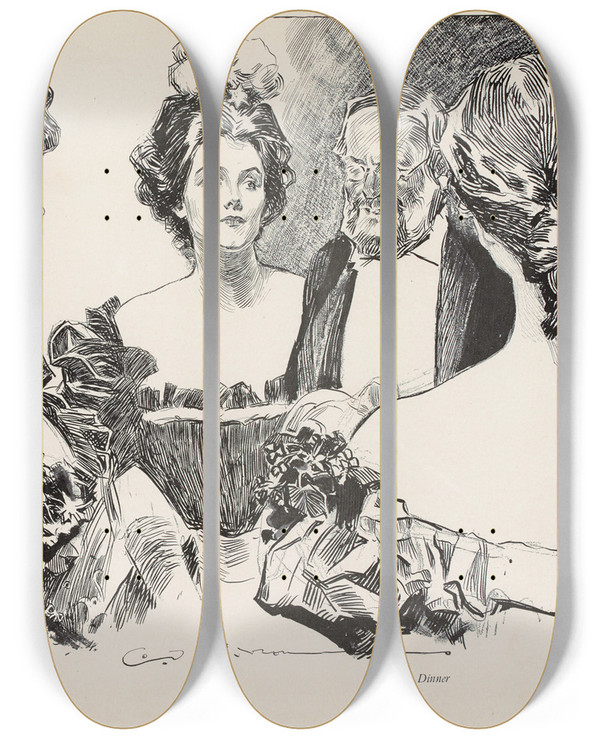 Triptych art skateboard deck of Charles Dana Gibson After Dinner_1 by Charles Dana Gibson (1867-1944)