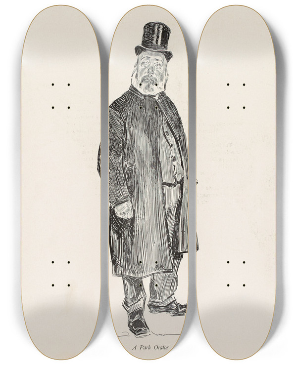 Triptych art skateboard deck of Charles Dana Gibson A Park Orator by Charles Dana Gibson (1867-1944)