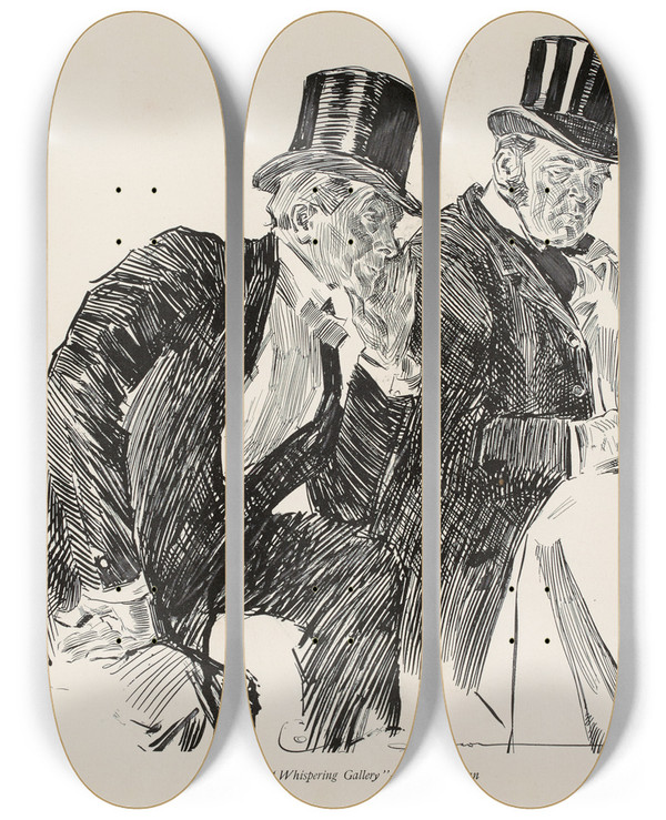 Triptych art skateboard deck of Charles Dana Gibson In The Whispering Gallery A Small Loan by Charles Dana Gibson (1867-1944)