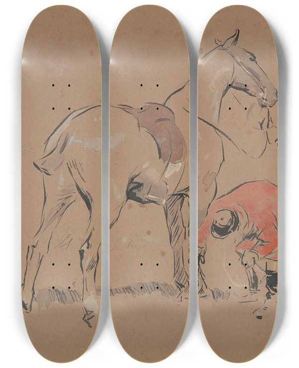 Triptych art skateboard deck of Joseph Crawhall The Loose Shoe by Joseph Crawhall (1861-1913)