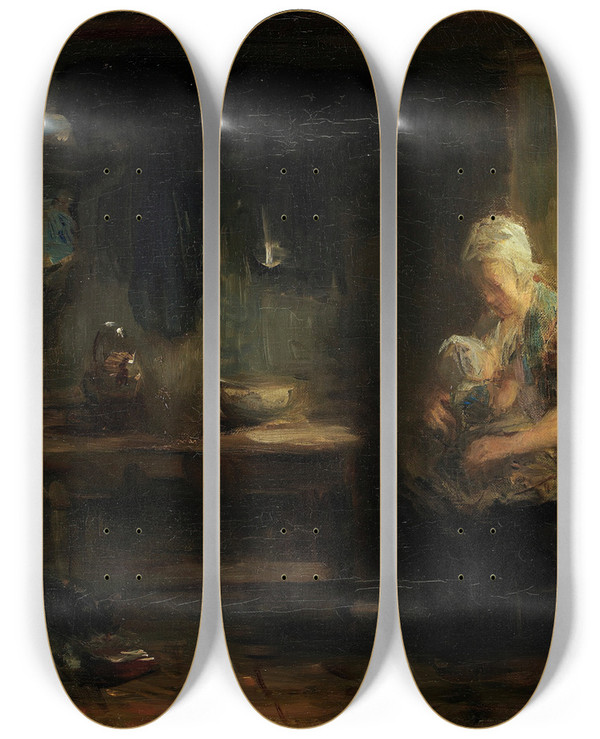 Triptych art skateboard deck of Jozef Israls The Young Mother by Jozef Israels (1824-1911)