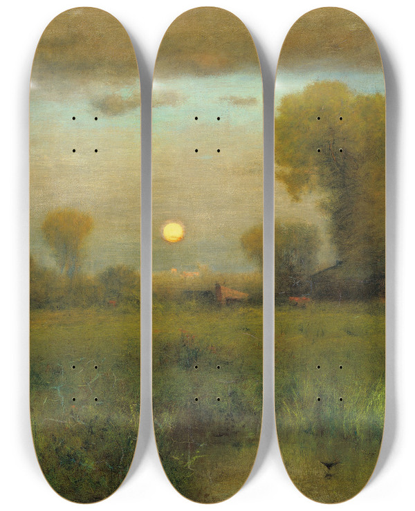 Triptych art skateboard deck of George Inness Harvest Moon by George Inness (1825-1894)