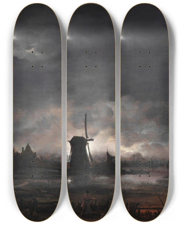 Triptych art skateboard deck of Aert Van Der Neer Moonlit Landscape With A Windmill by Aert van der Neer (1603-1677)