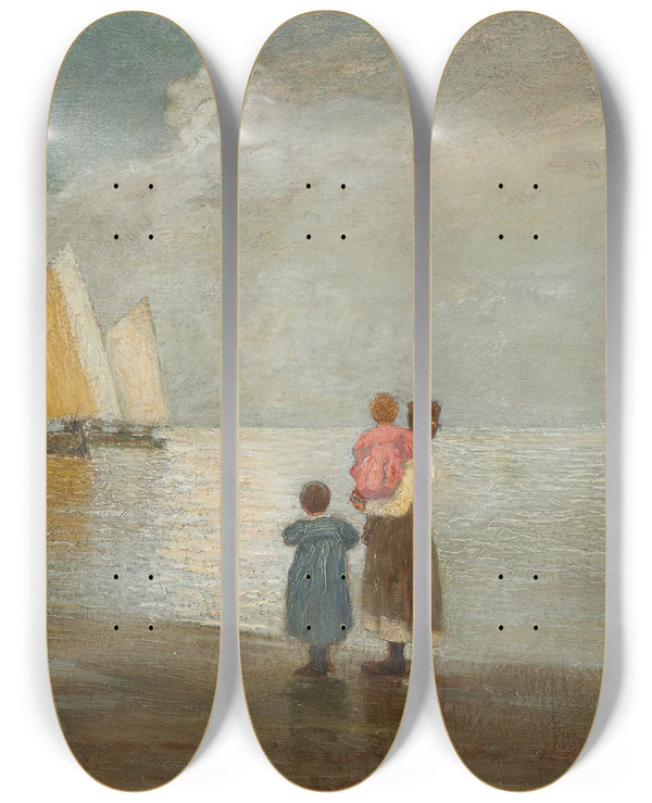 Triptych art skateboard deck of Pietro Fragiacomo On The Beach by Pietro Fragiacomo (1856-1922)